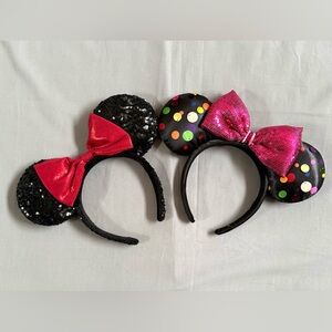 Disney Parks Mickey And Sequined Minnie Polka Dot Mouse Ears Set Of 2 Bundle